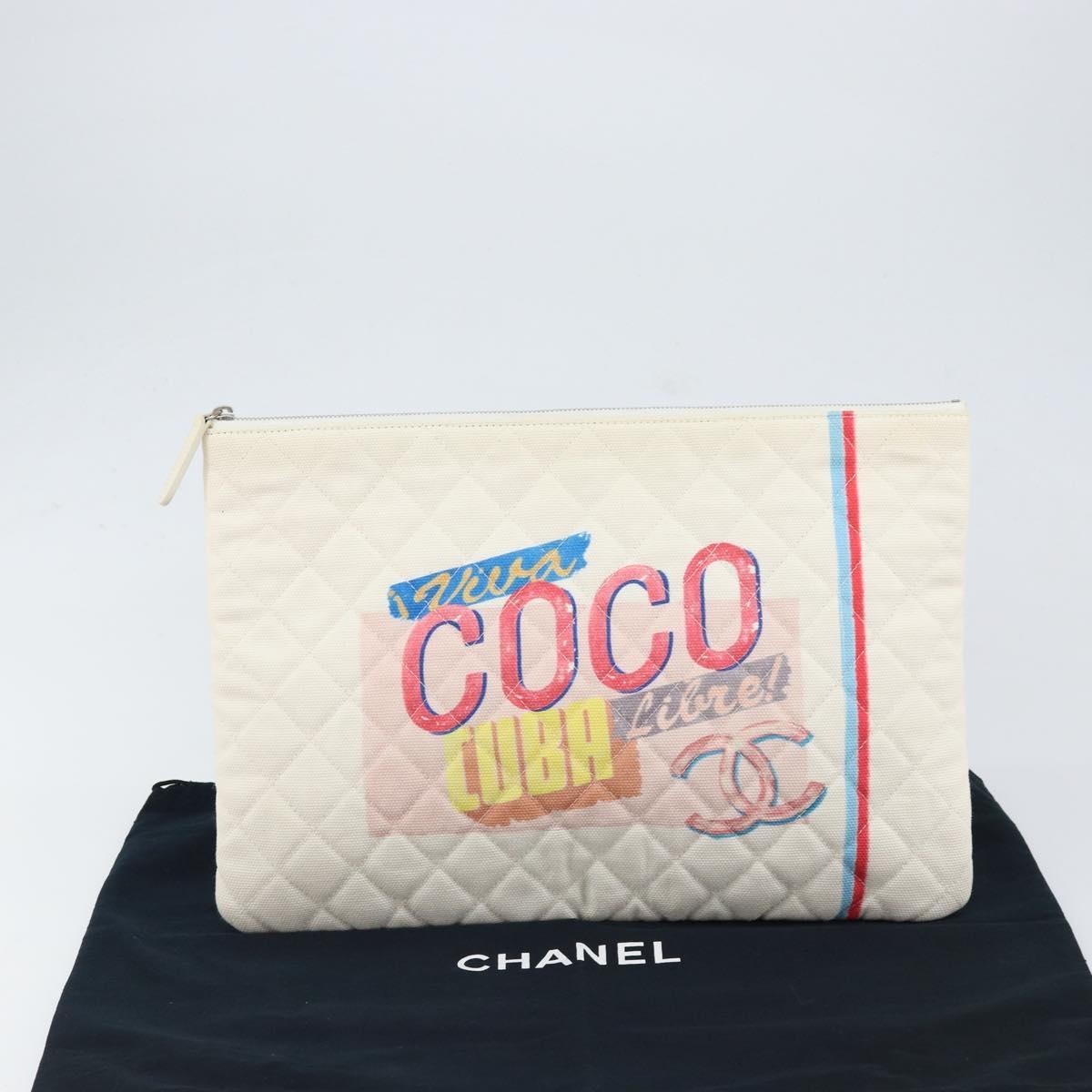 Chanel Coco Cuba Pouch Printed Quilted Canvas, WHITE, CANVAS, Clutche & pouche