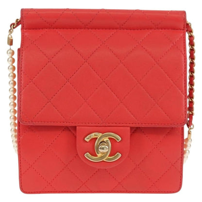 Chanel Pearl Chain Flap Bag Quilted Lambskin, RED, CALFSKIN, Clutche & pouche