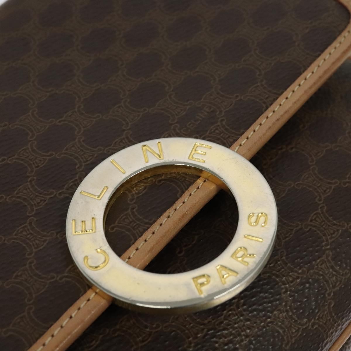 Celine Vintage Macadam Circle Logo Shoulder Bag Canvas and Leather, BROWN, CANVAS, Shoulder bag