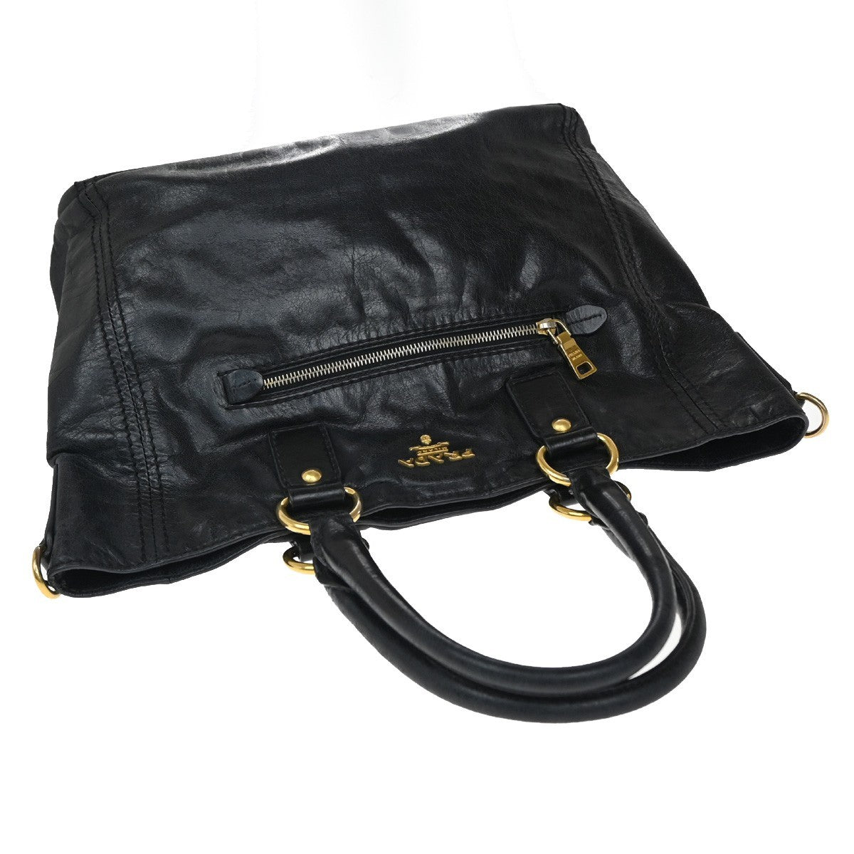 Prada Front Pocket Convertible Tote Leather, BLACK, LEATHER, Tote bag