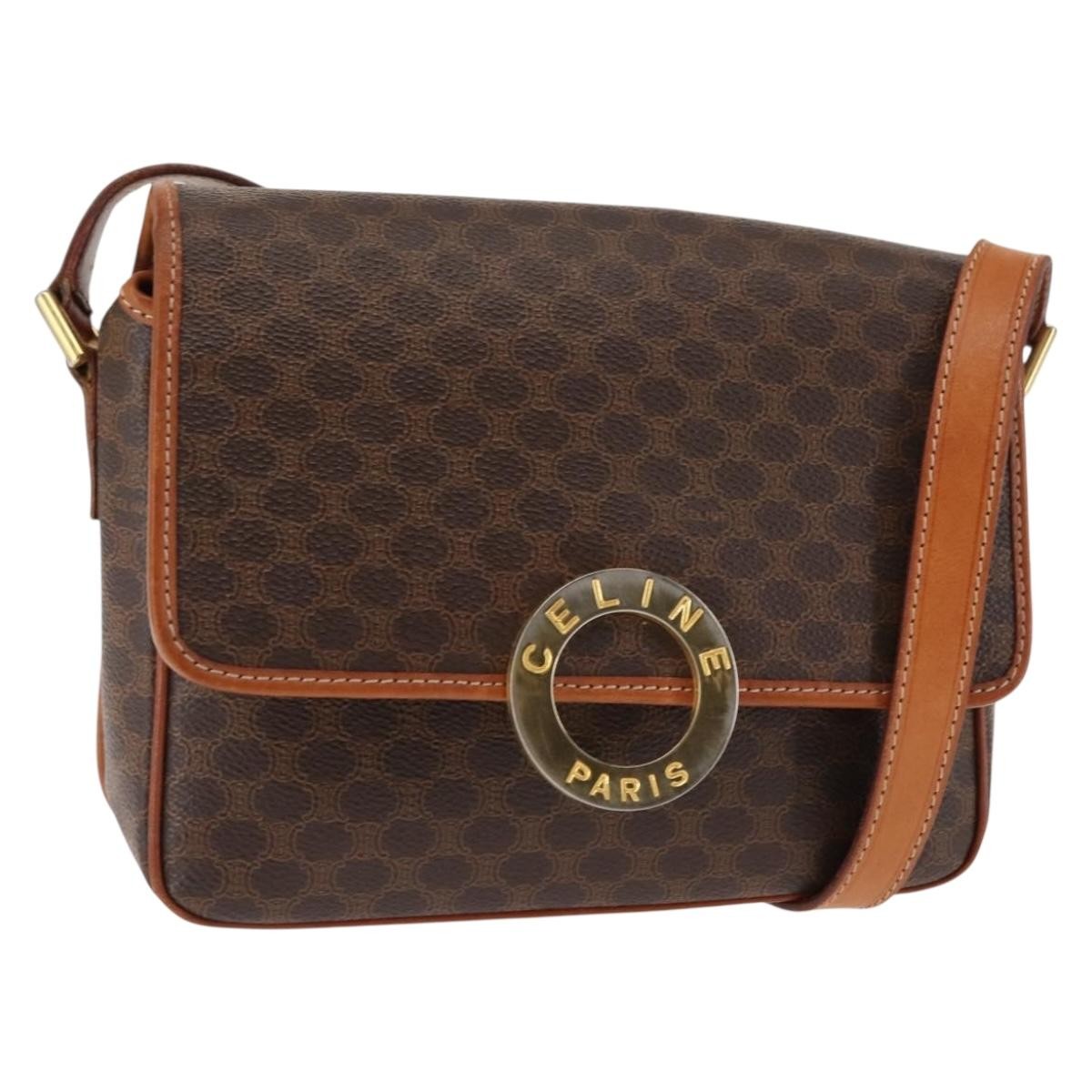 Celine Vintage Macadam Circle Logo Shoulder Bag Canvas and Leather, BROWN, CANVAS, Shoulder bag