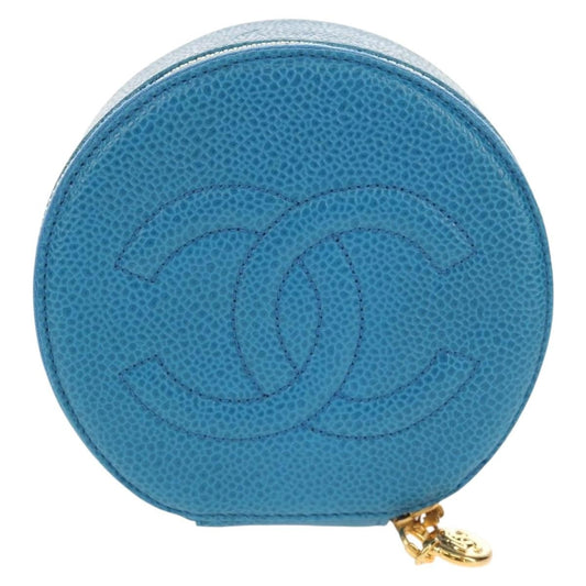 Chanel Vintage Timeless Round Jewelry Case Caviar, Blue, Leather, Wallet