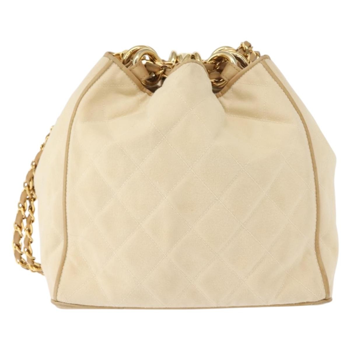 Chanel Vintage Drawstring Chain Bucket Bag Quilted Canvas, BEIGE, CANVAS, Shoulder bag