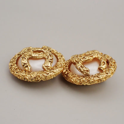Chanel Vintage CC Logo Round Clip-on Earrings Metal with Crystals, GOLD, GOLD_PLATED,PEARL, Earrings