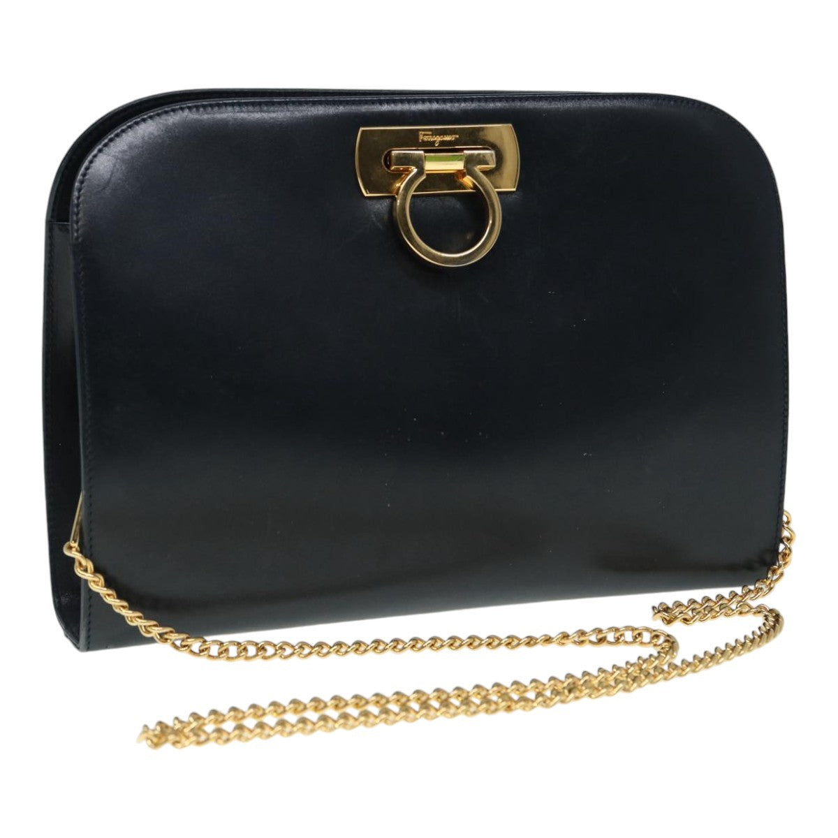 Salvatore Ferragamo Vintage Gancini Chain Shoulder Bag Leather, NAVY, LEATHER, Shoulder bag