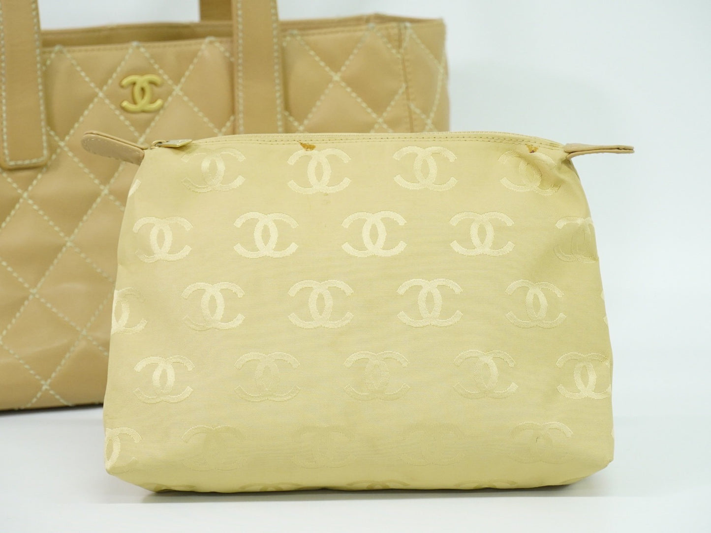 Chanel Surpique Tote Quilted Leather, BEIGE, LEATHER, Tote bag