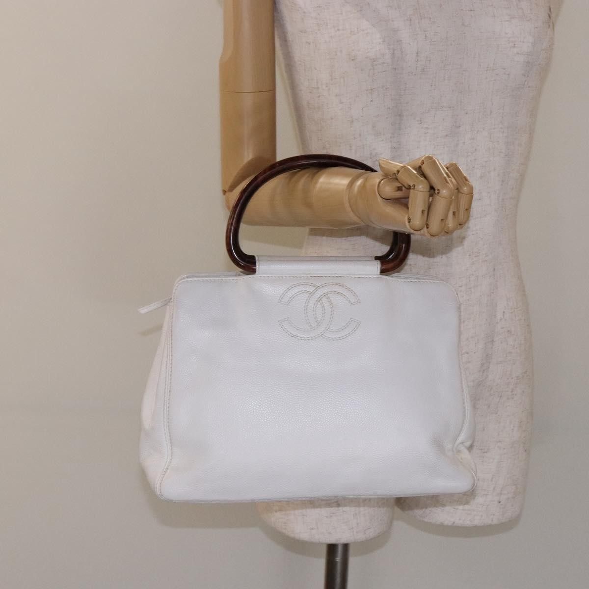 Chanel Vintage Wooden Ring Tote Leather, WHITE, LEATHER, Tote bag