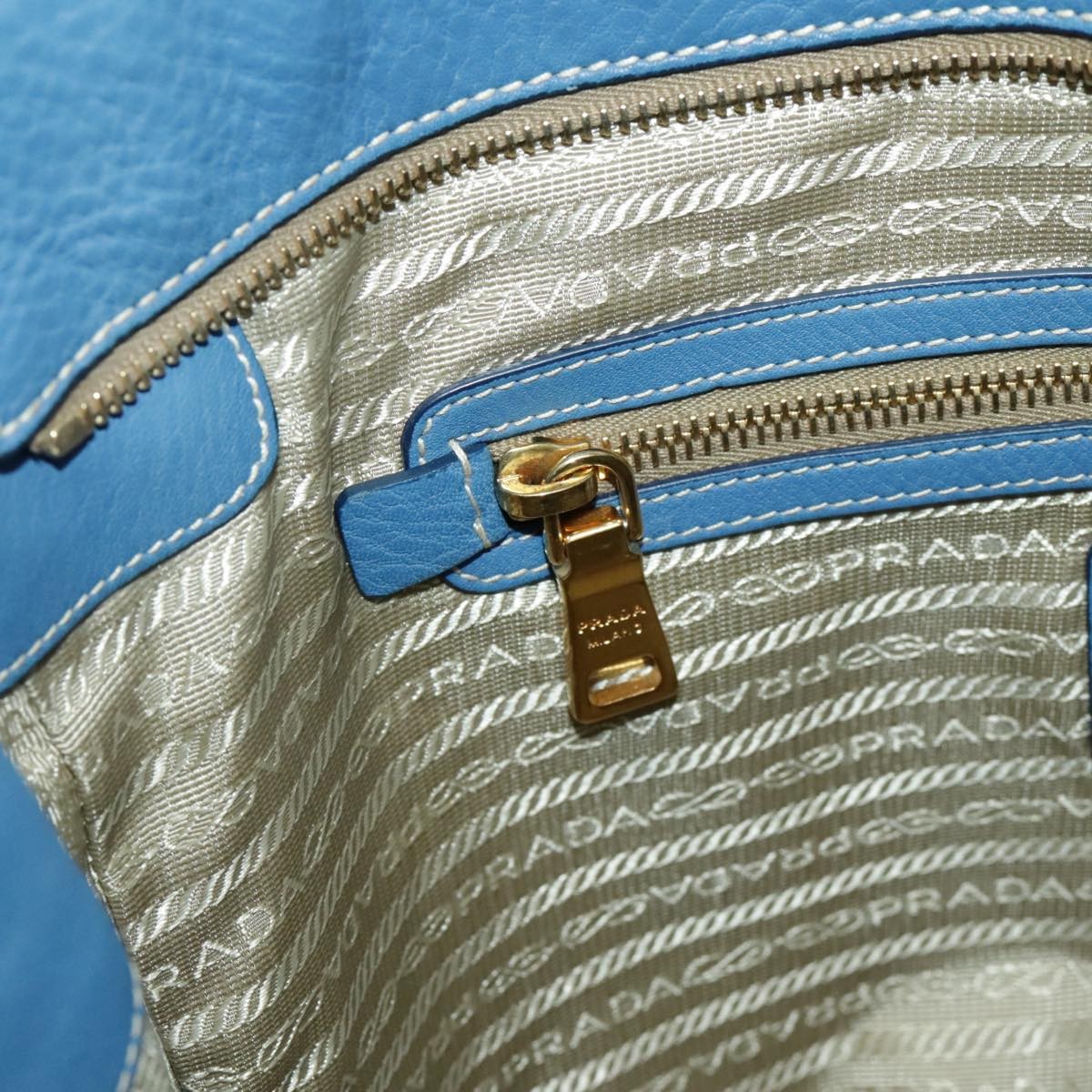 Prada Front Pocket Tote Vitello Daino, BLUE, LEATHER, Tote bag