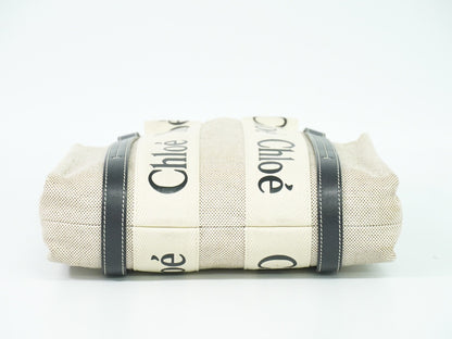 Chloe Woody Tote Canvas with Leather, WHITE, CANVAS, Tote bag