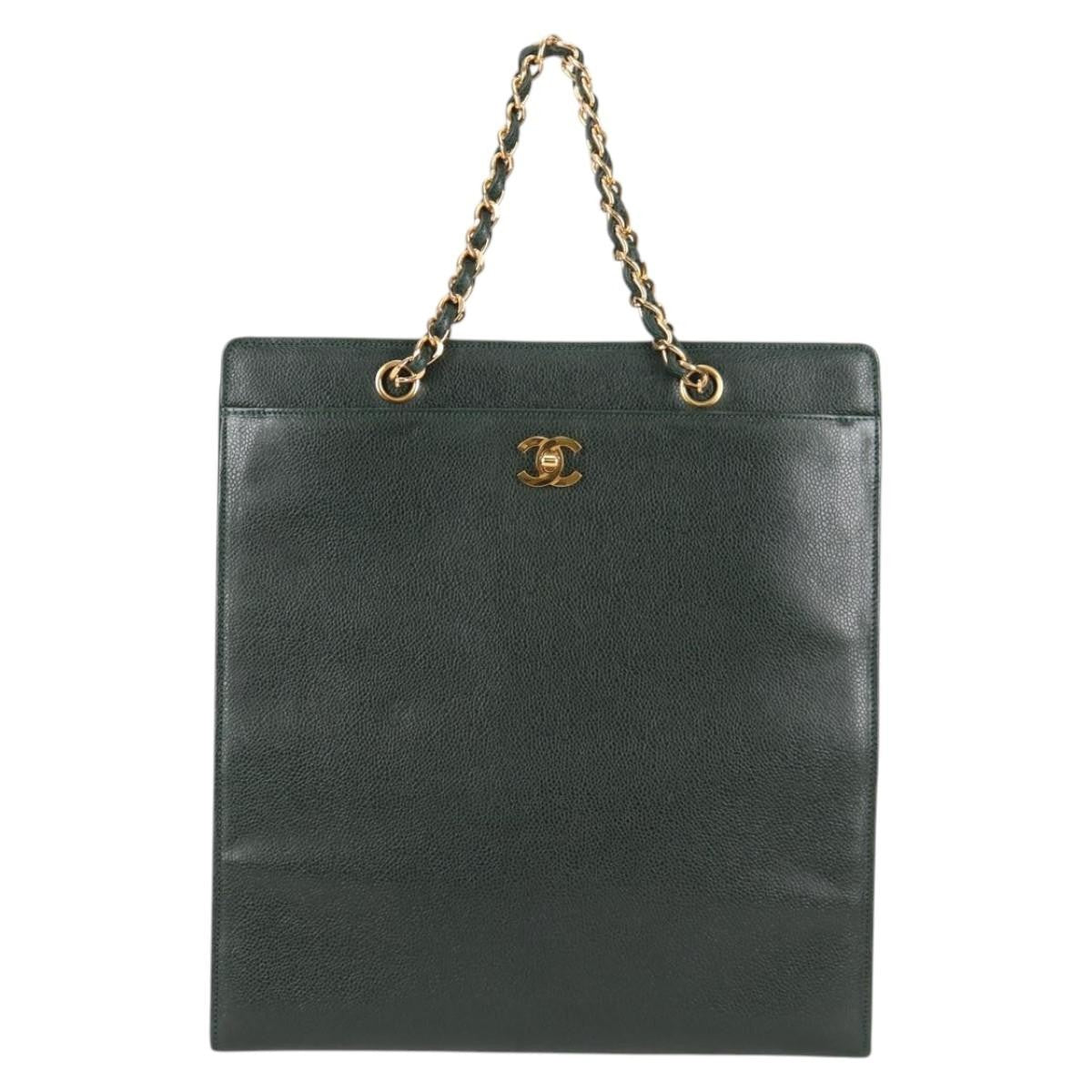 Chanel Vintage CC Lock Pocket Chain Tote Caviar, GREEN, LEATHER, Handbag