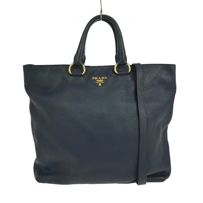 Prada Convertible Shopper Tote Vitello Daino, NAVY, LEATHER, Tote bag