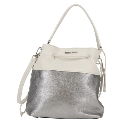 Miu Miu Drawstring Satchel Leather, SILVER, LEATHER, Handbag