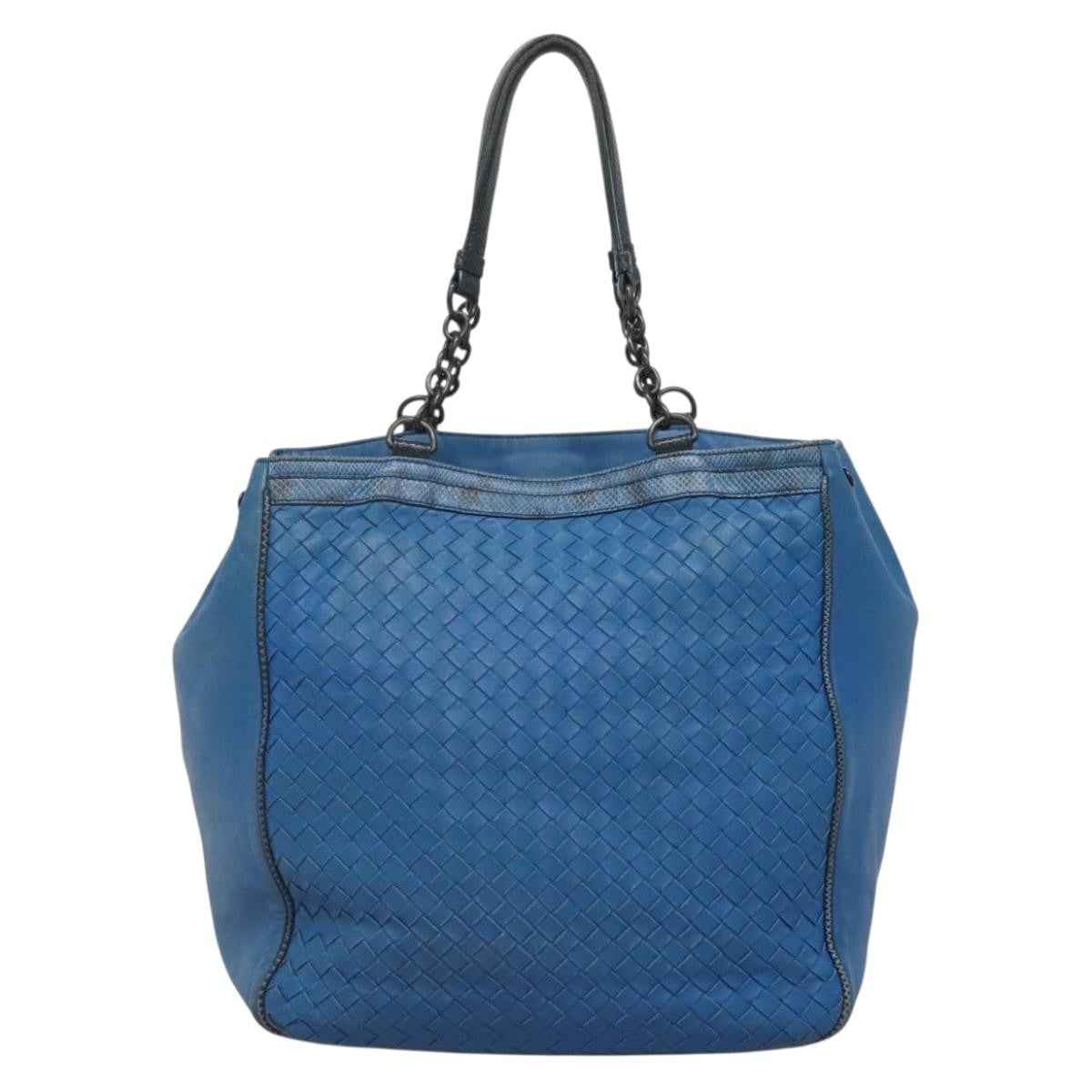 Bottega Veneta Belted Zip Chain Tote Intrecciato Nappa with Snakeskin, BLUE, LEATHER, Tote bag