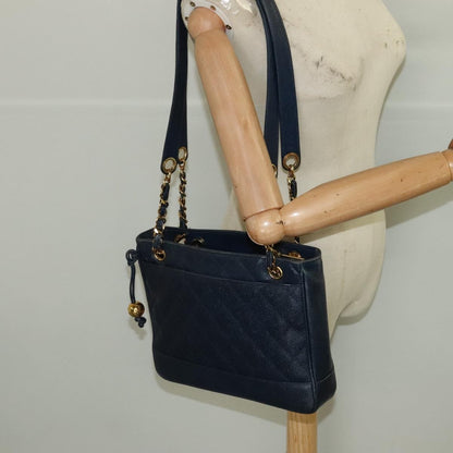 Chanel Vintage Stitched CC Shoulder Bag Caviar, NAVY, LEATHER, Shoulder bag