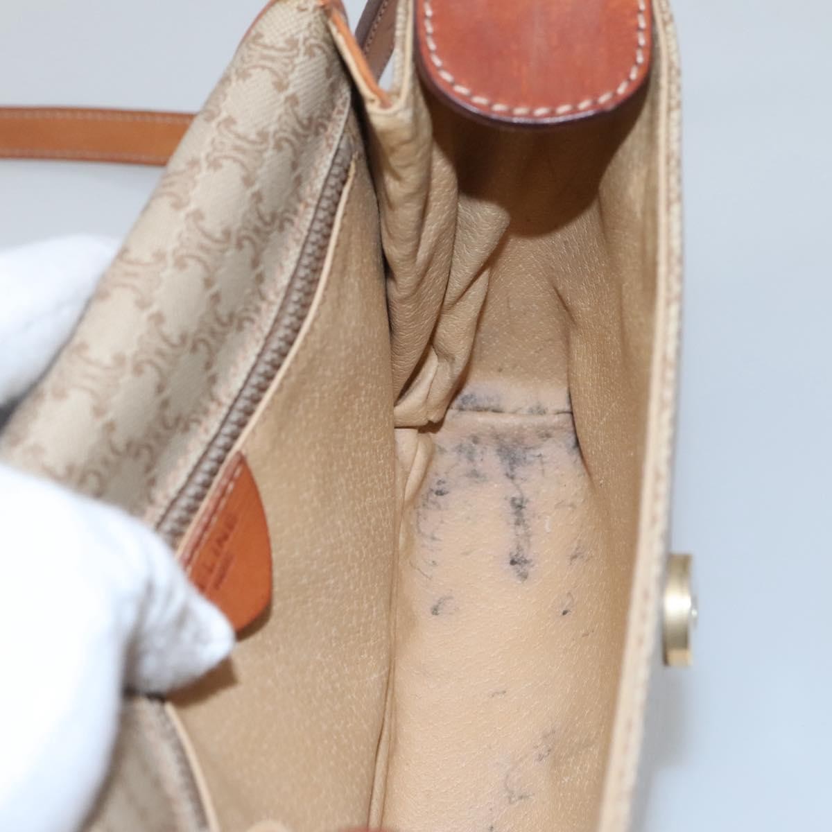 Celine Vintage Macadam Shoulder Bag Canvas and Leather, BEIGE, CANVAS, Shoulder bag