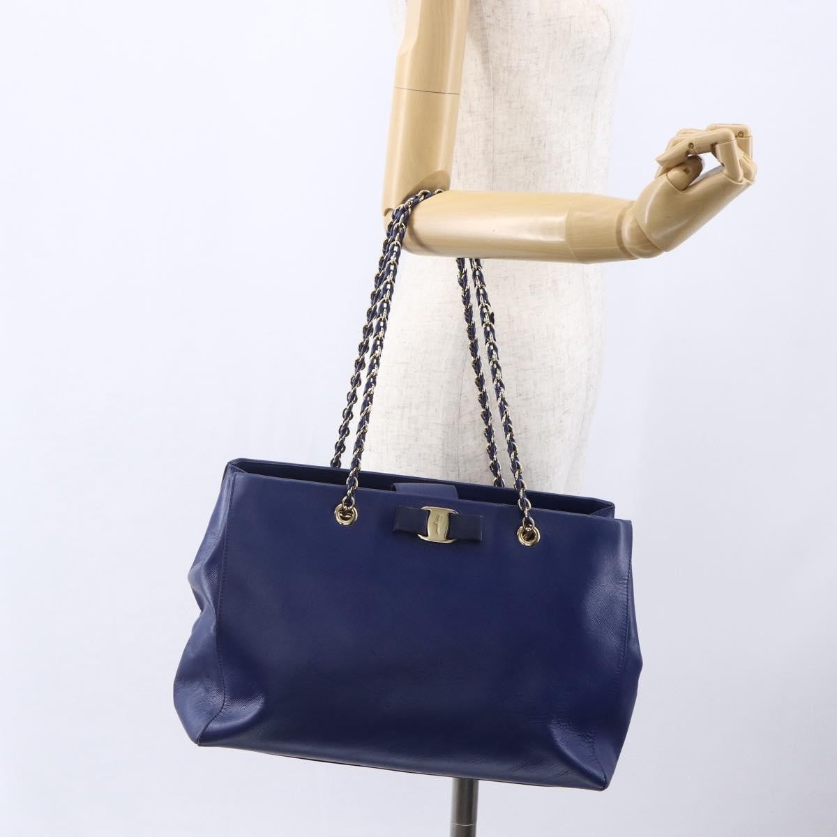 Salvatore Ferragamo Vara Bow Chain Tote Leather, BLUE, LEATHER, Tote bag