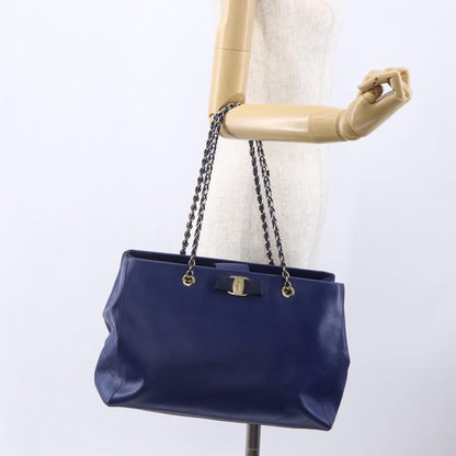 Salvatore Ferragamo Vara Bow Chain Tote Leather, BLUE, LEATHER, Tote bag