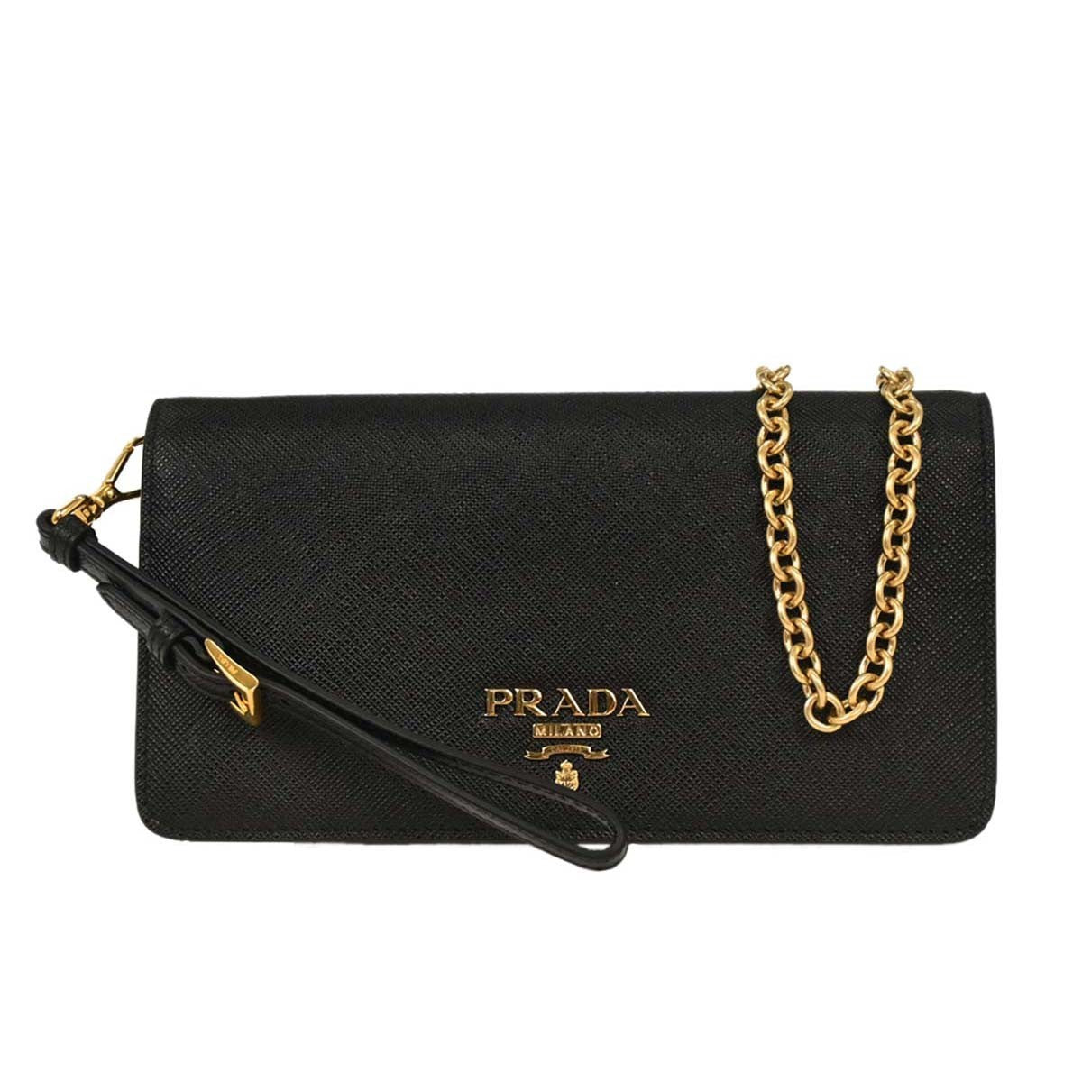 Prada Wristlet Wallet on Chain Saffiano Leather, BLACK, LEATHER, Clutche & pouche