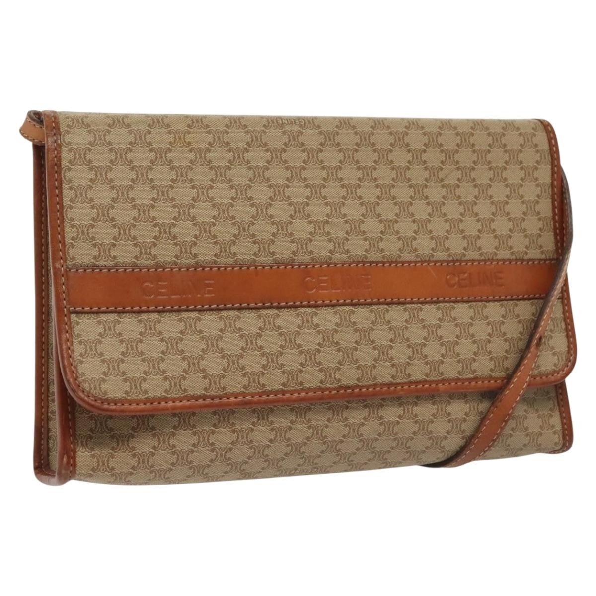 Celine Vintage Macadam Shoulder Bag Canvas and Leather, BEIGE, CANVAS, Shoulder bag