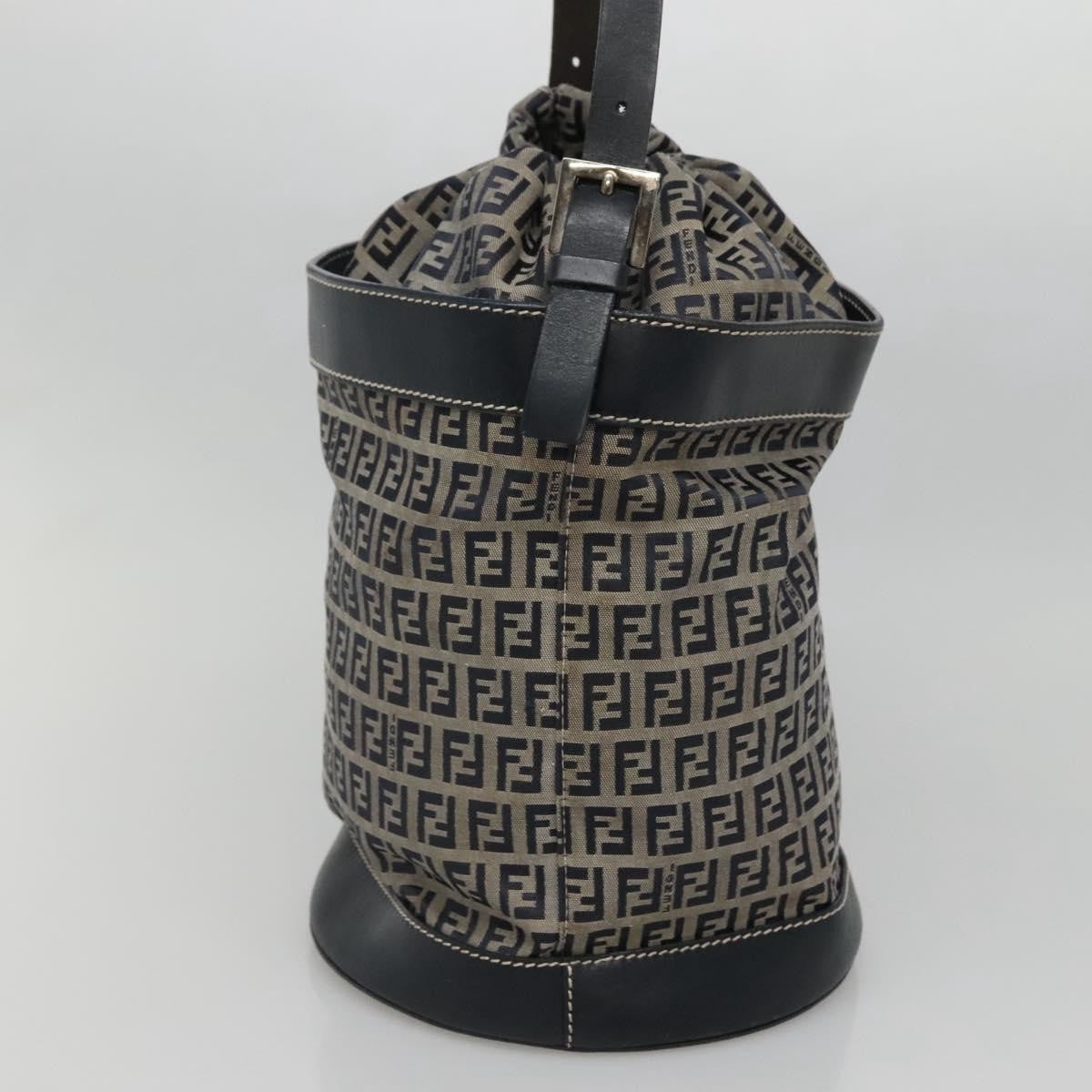 Fendi FF Logo Mon Tresor Bucket Bag Printed Shearling with Leather, NAVY, CANVAS, Shoulder bag