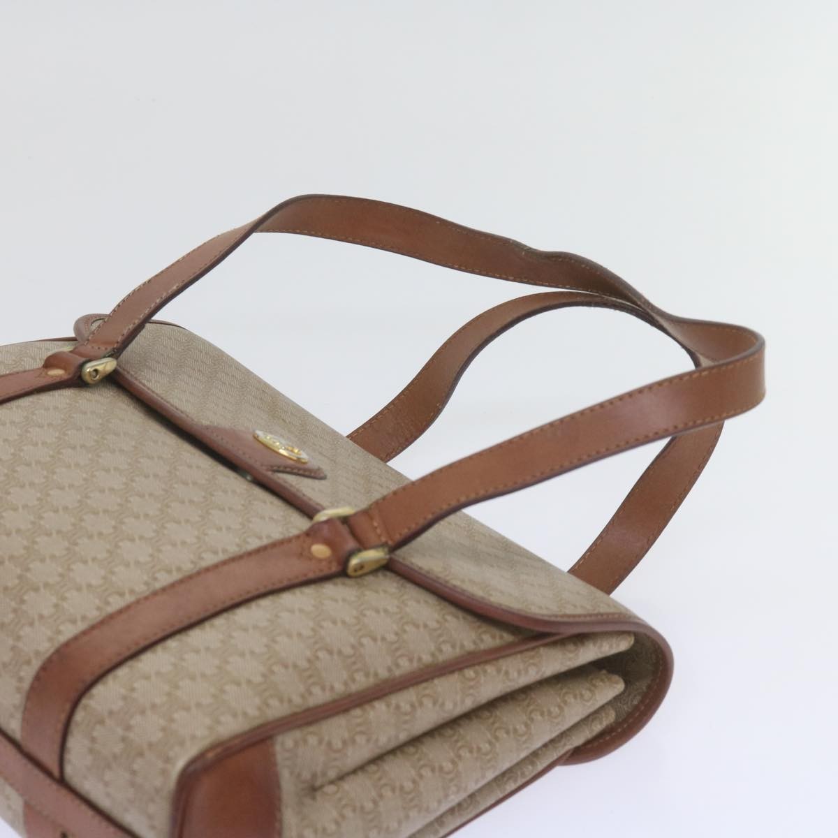 Celine Vintage Macadam Handbag Canvas and Leather, BEIGE, CANVAS, Handbag