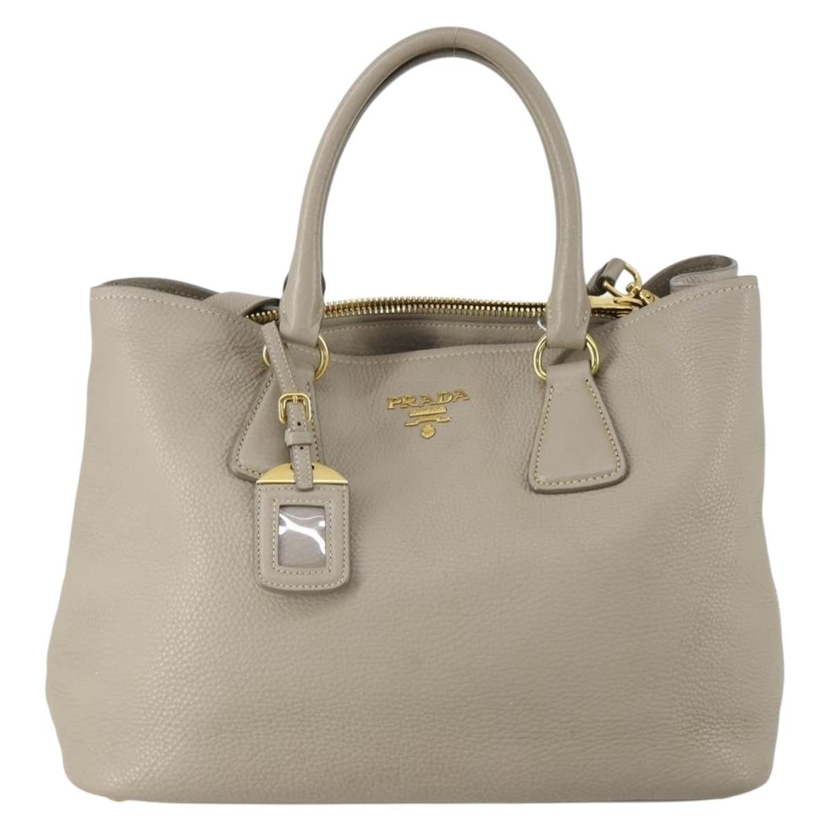 Prada Convertible Shopper Tote Vitello Daino, GRAY, LEATHER, Tote bag