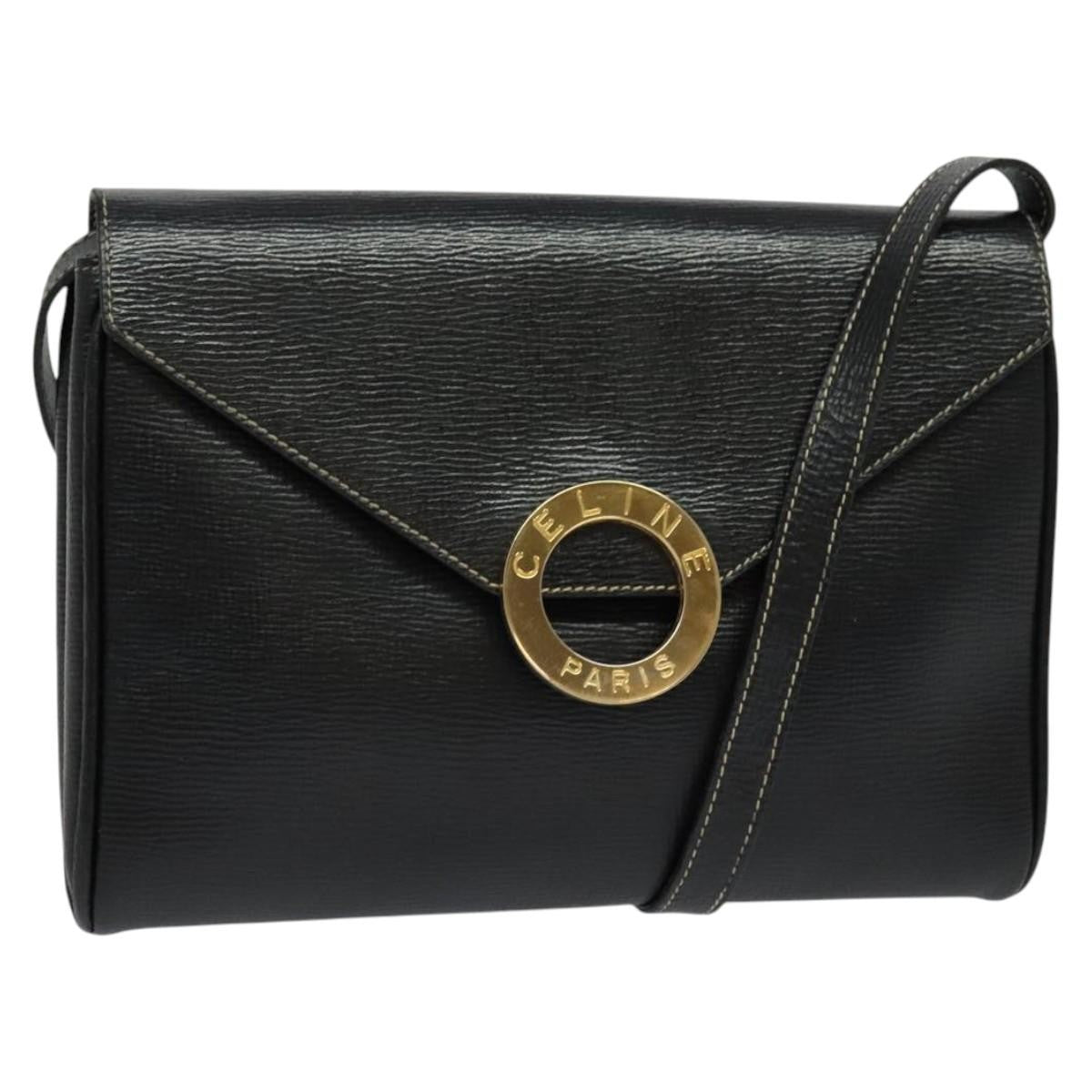 Celine Circle Logo Shoulder Bag Leather, Black, Leather, Shoulder Bag