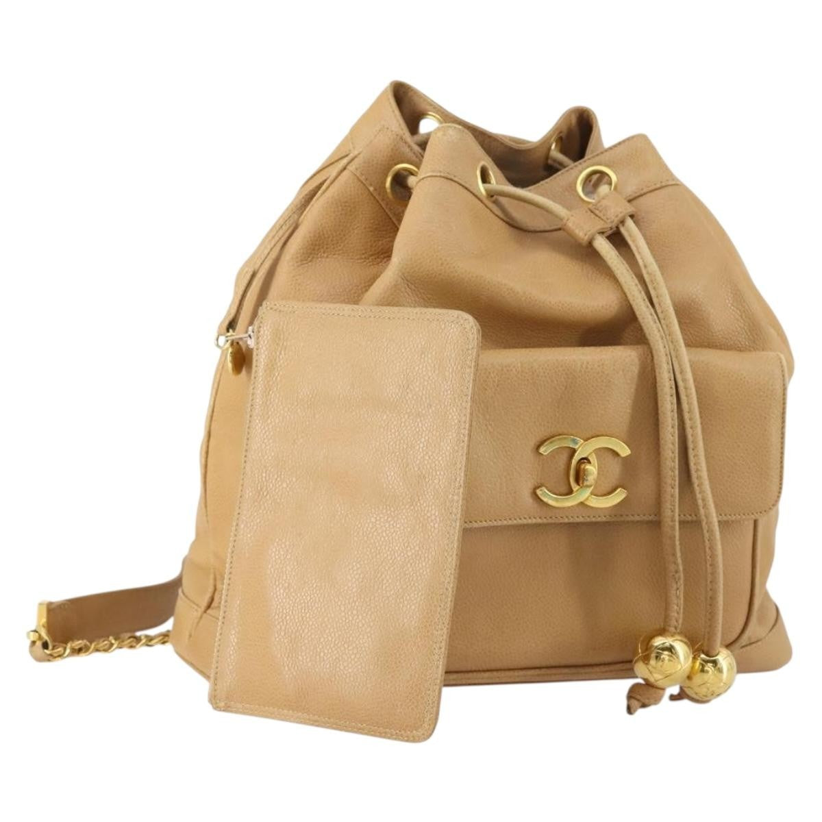 Chanel CC Front Pocket Backpack Leather, BEIGE, LEATHER, Backpack