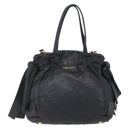 Prada Bow Tie Pleated Tote Leather, BLACK, LEATHER, Handbag