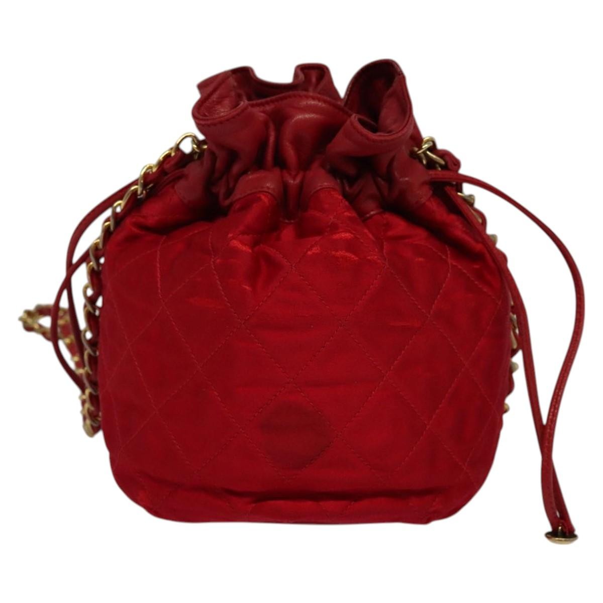 Chanel Vintage Drawstring Bucket Bag Quilted Satin, RED, SATIN, Shoulder bag