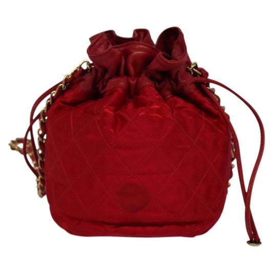 Chanel Vintage Drawstring Bucket Bag Quilted Satin, RED, SATIN, Shoulder bag