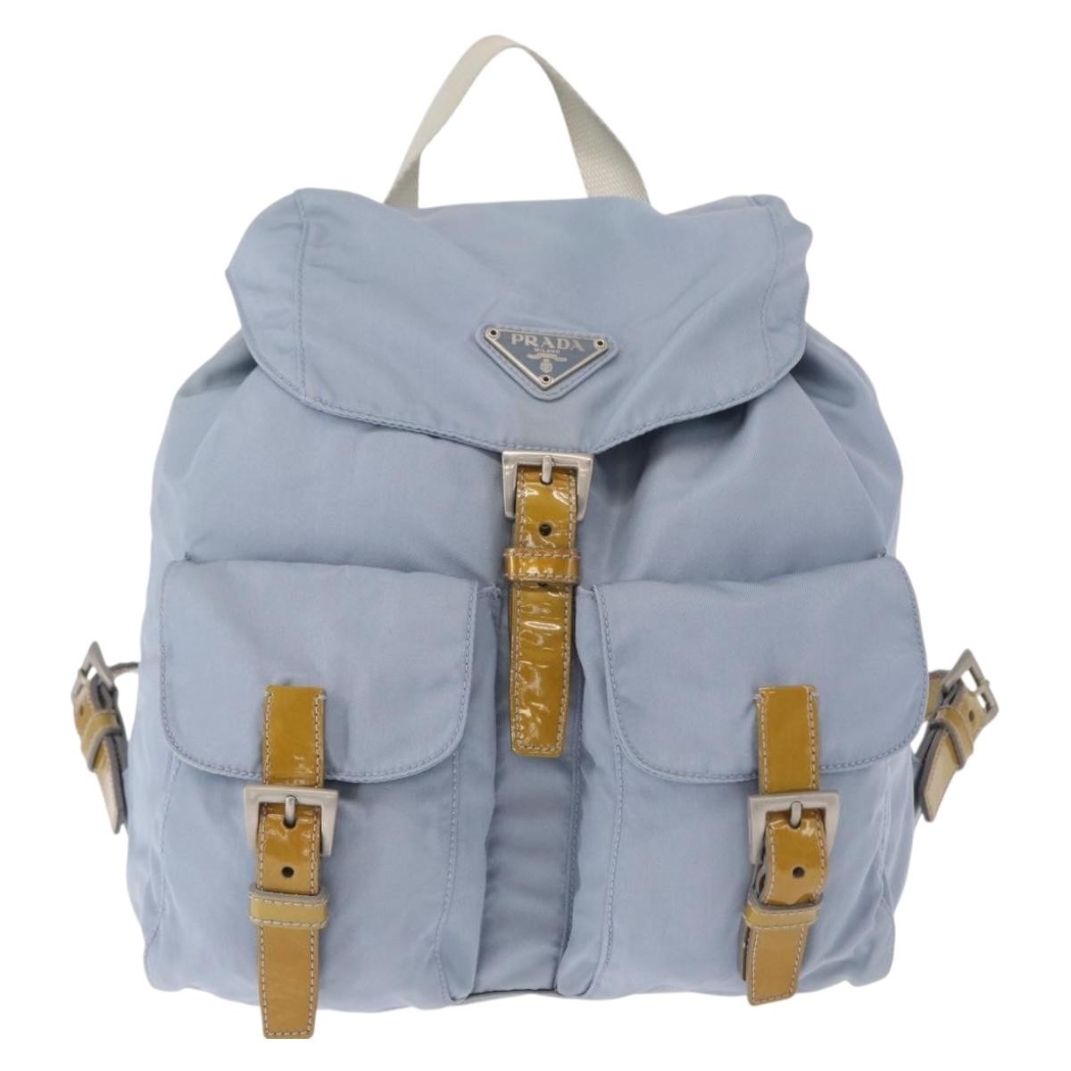 Prada Vela Double Front Pocket Backpack Tessuto with Saffiano Leather, BLUE, NYLON, Backpack