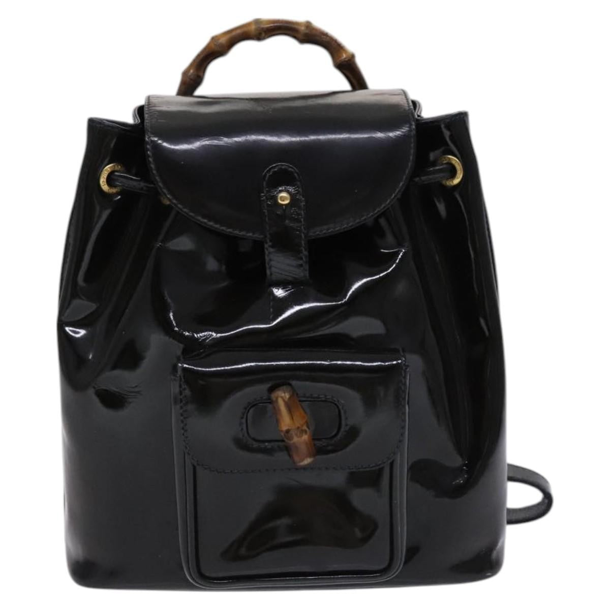 Gucci Vintage Bamboo Backpack Patent, Black, Patent Leather, Backpack