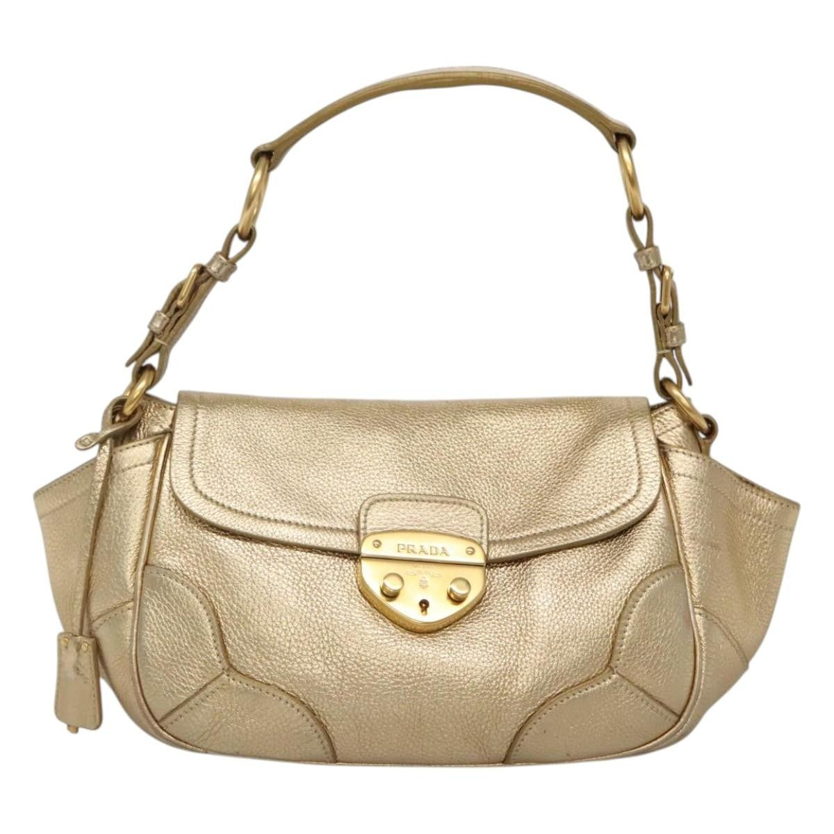 Prada Antic Pushlock Shoulder Bag Leather, GOLD, LEATHER, Shoulder bag