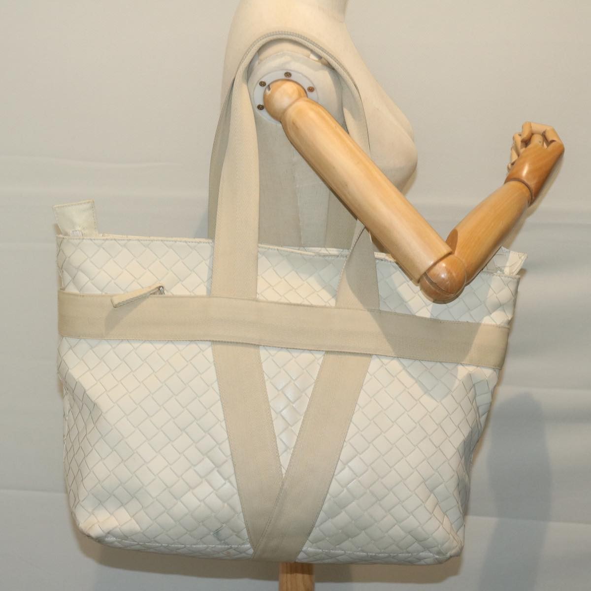 Bottega Veneta Zipped Tote Rubber Intrecciato with Canvas, WHITE, LEATHER, Tote bag