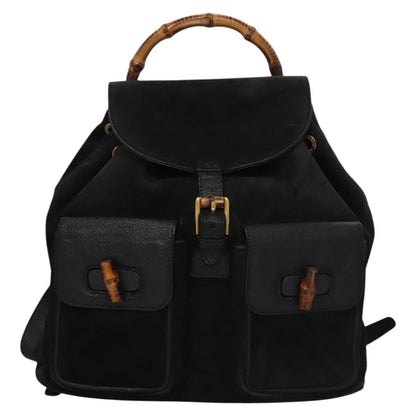 Gucci Vintage Bamboo Backpack Suede and Leather, Black, Suede, Backpack