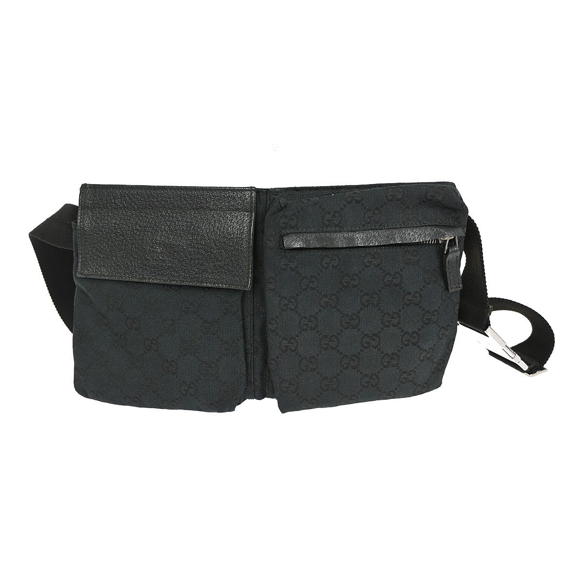 Gucci Vintage Double Belt Bag GG Canvas with Leather, BLACK, CANVAS, Clutche & pouche
