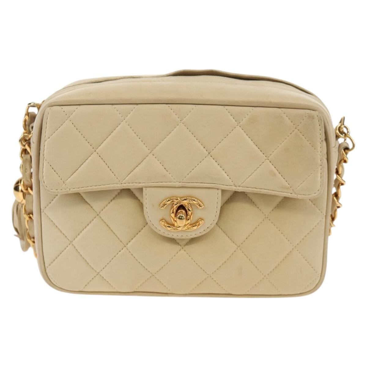 Chanel Chain Flap Shoulder Bag Quilted Lambskin, BEIGE, LEATHER, Shoulder bag