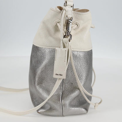 Miu Miu Drawstring Satchel Leather, SILVER, LEATHER, Handbag