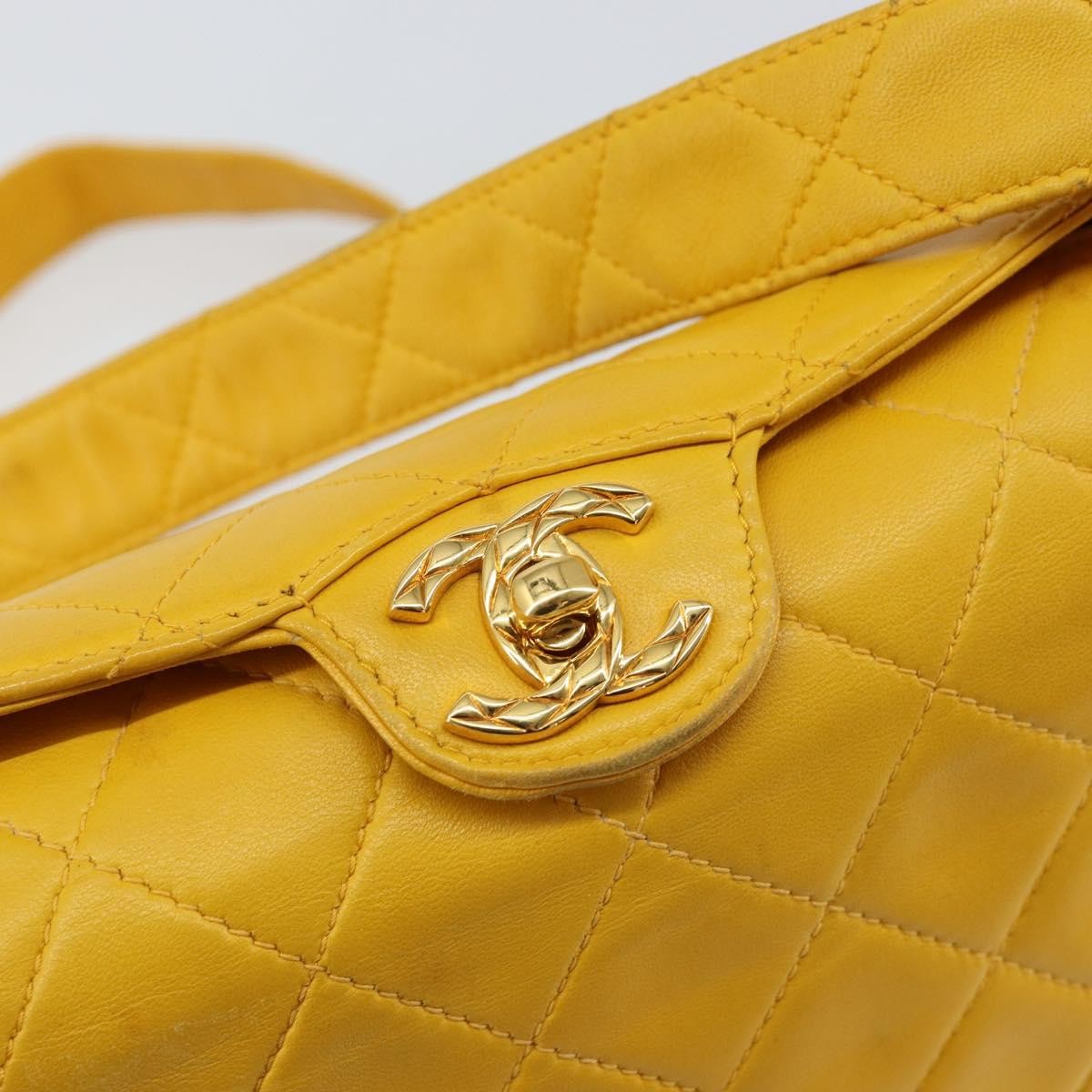 Chanel Vintage CC Fold Over Shoulder Bag Quilted Lambskin, YELLOW, LEATHER, Shoulder bag