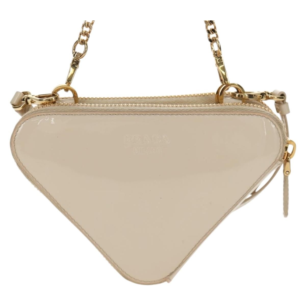 Prada Triangle Double Zip Pouch Bag with Chain Patent leather, BEIGE, PATENT_LEATHER, Clutche & pouche