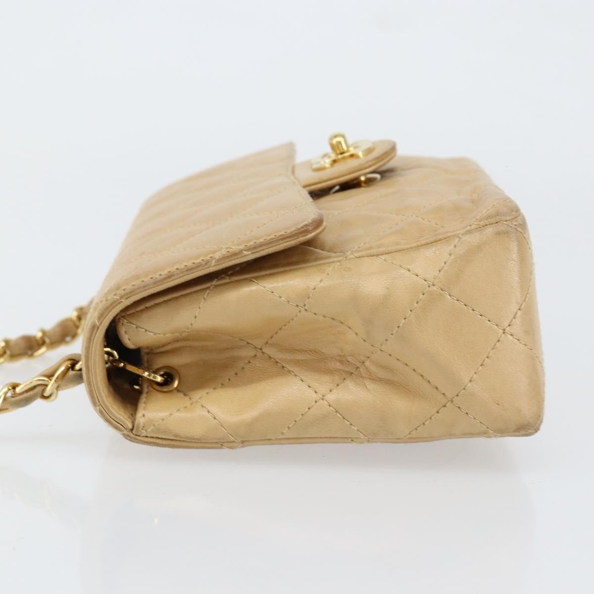 Chanel Vintage Square Classic Single Flap Bag Quilted Lambskin, BEIGE, LEATHER, Shoulder bag
