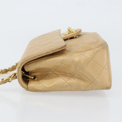 Chanel Vintage Square Classic Single Flap Bag Quilted Lambskin, BEIGE, LEATHER, Shoulder bag