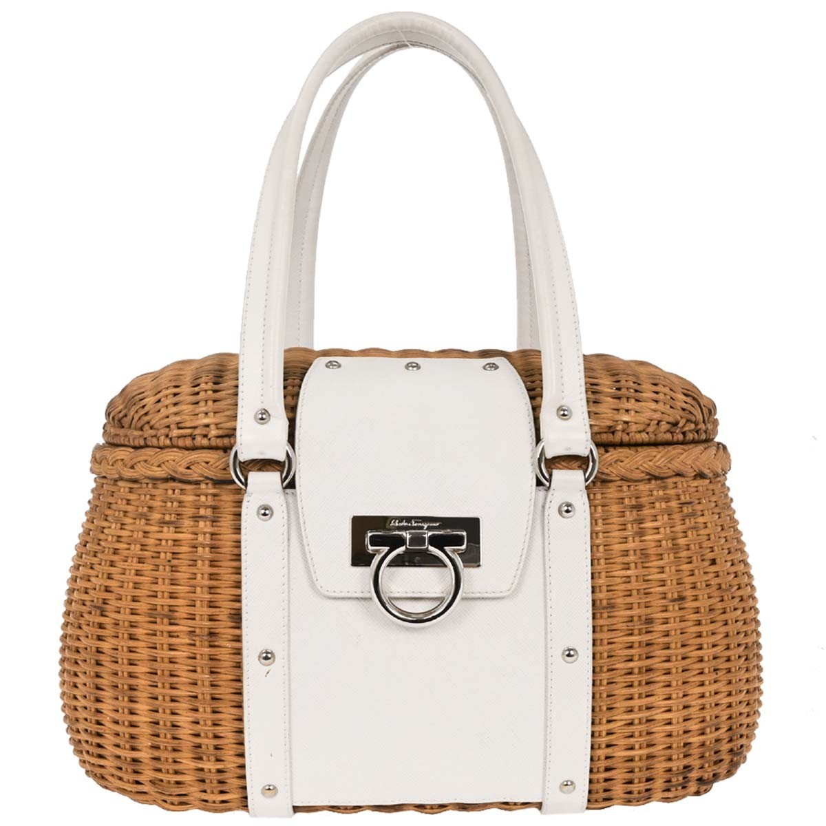 Salvatore Ferragamo Basket Gancini Handbag Leather and Wicker, WHITE, LEATHER, Handbag