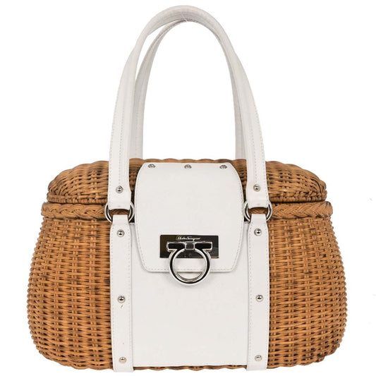 Salvatore Ferragamo Basket Gancini Handbag Leather and Wicker, WHITE, LEATHER, Handbag