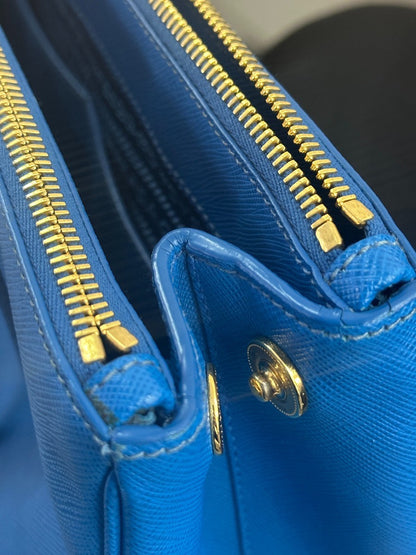 Prada Double Zip Tote Leather, BLUE, LEATHER, Tote bag