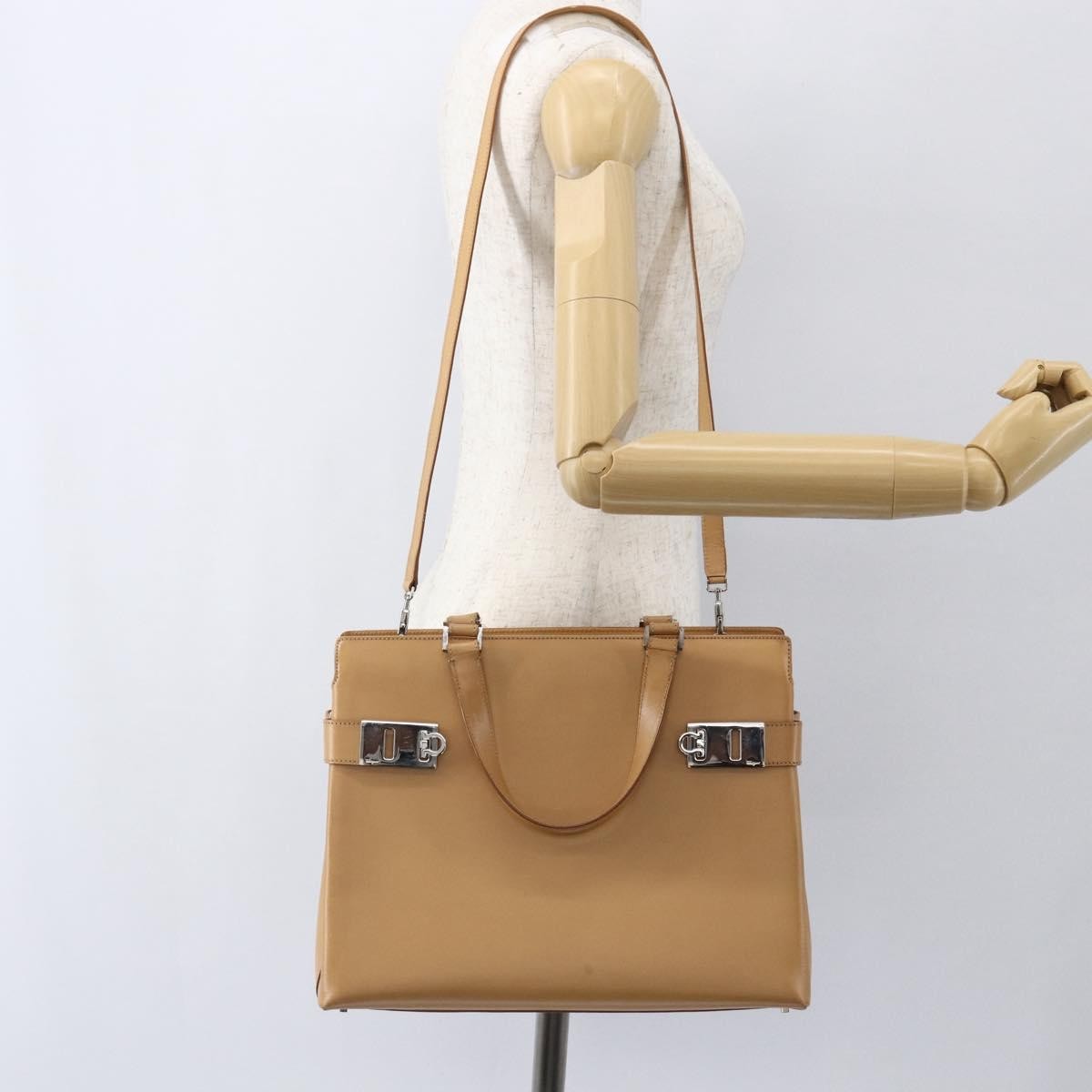 Salvatore Ferragamo Double Gancini Side Buckle Tote Leather, BEIGE, LEATHER, Handbag
