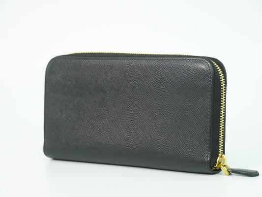 Prada Zip Around Tab Wallet Saffiano Leather, Black, Leather, Wallet
