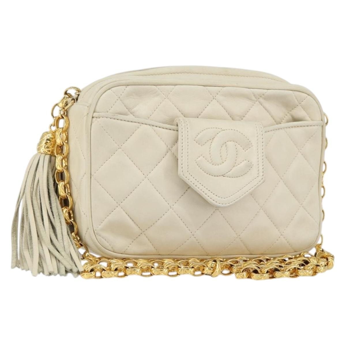 Chanel Vintage Front Pocket Camera Bag Quilted Lambskin, BEIGE, LEATHER, Shoulder bag