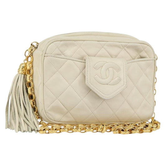 Chanel Vintage Front Pocket Camera Bag Quilted Lambskin, BEIGE, LEATHER, Shoulder bag